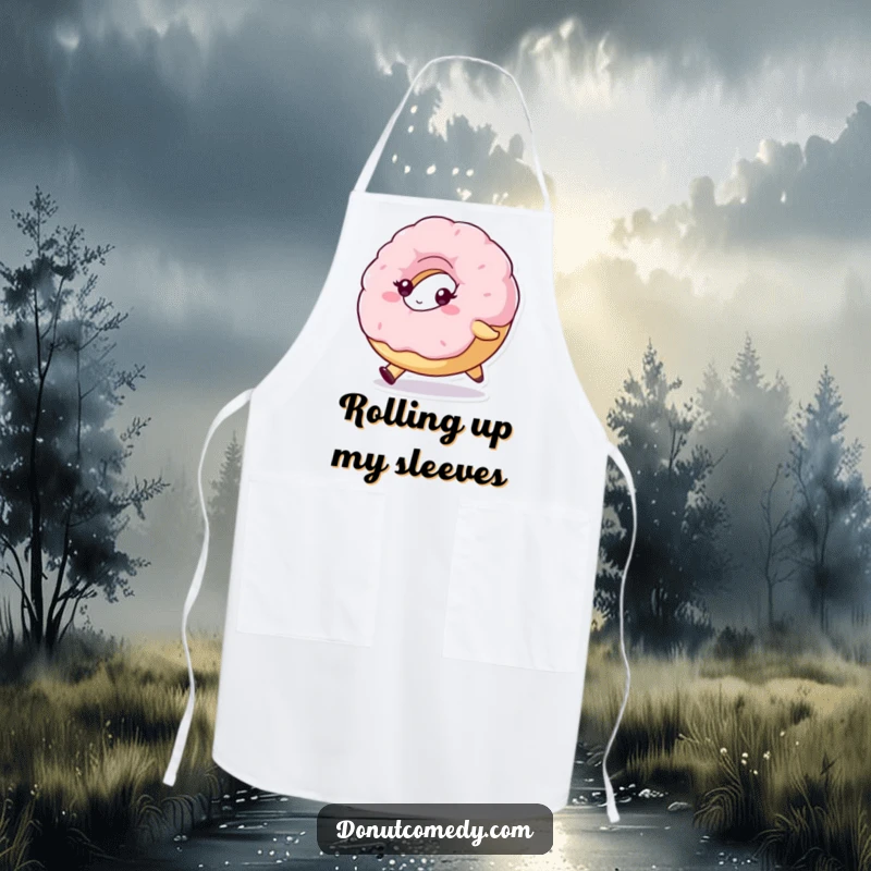 Funny kitchen apron with a fluffy donut character, determinedly rolling forward, bringing motivational humor to cooking tasks.