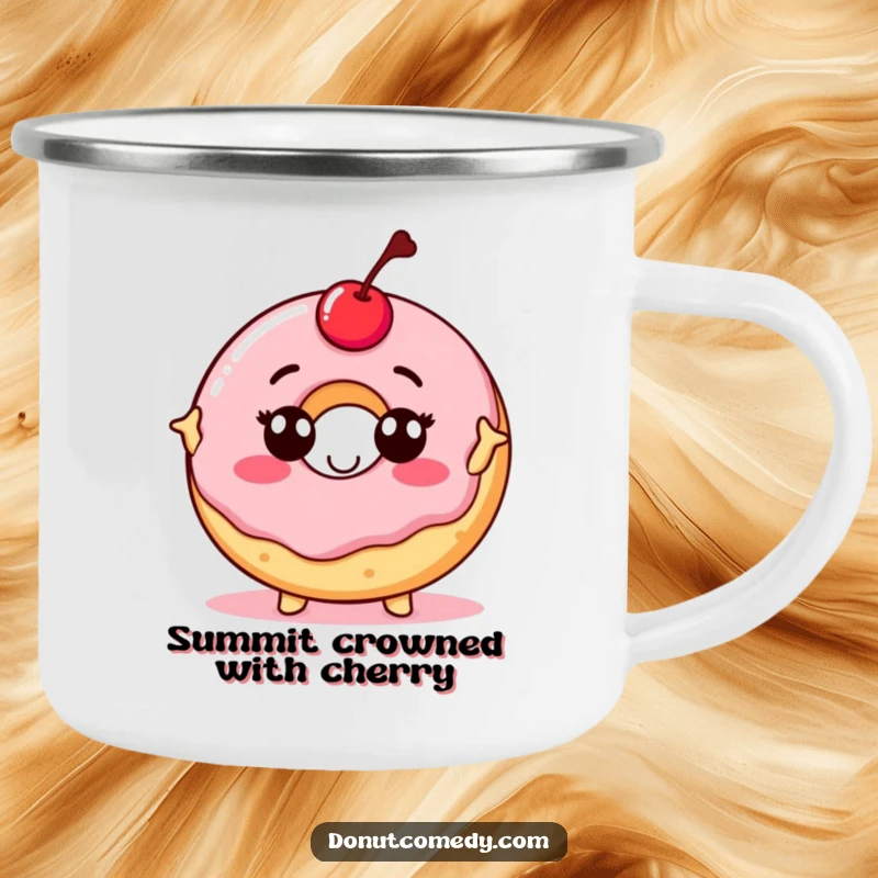 Funny camping mug featuring a proud donut character with a cherry on top, striking a pose, perfect for outdoor drinks with confident humor.