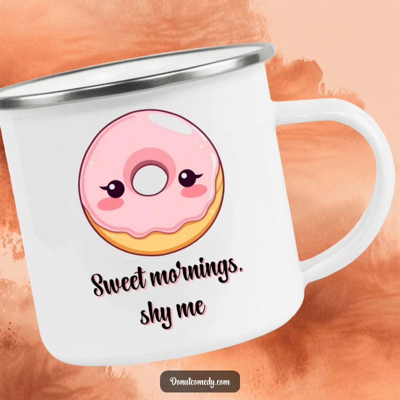 Funny camping mug featuring a shy, blushing glazed donut character, perfect for outdoor drinks with a touch of bashful humor.