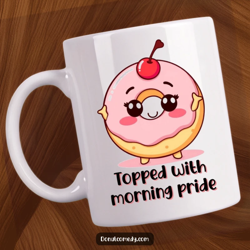 Funny mug featuring a proud donut character with a cherry on top, striking a confident and heroic pose, embodying self-assurance.