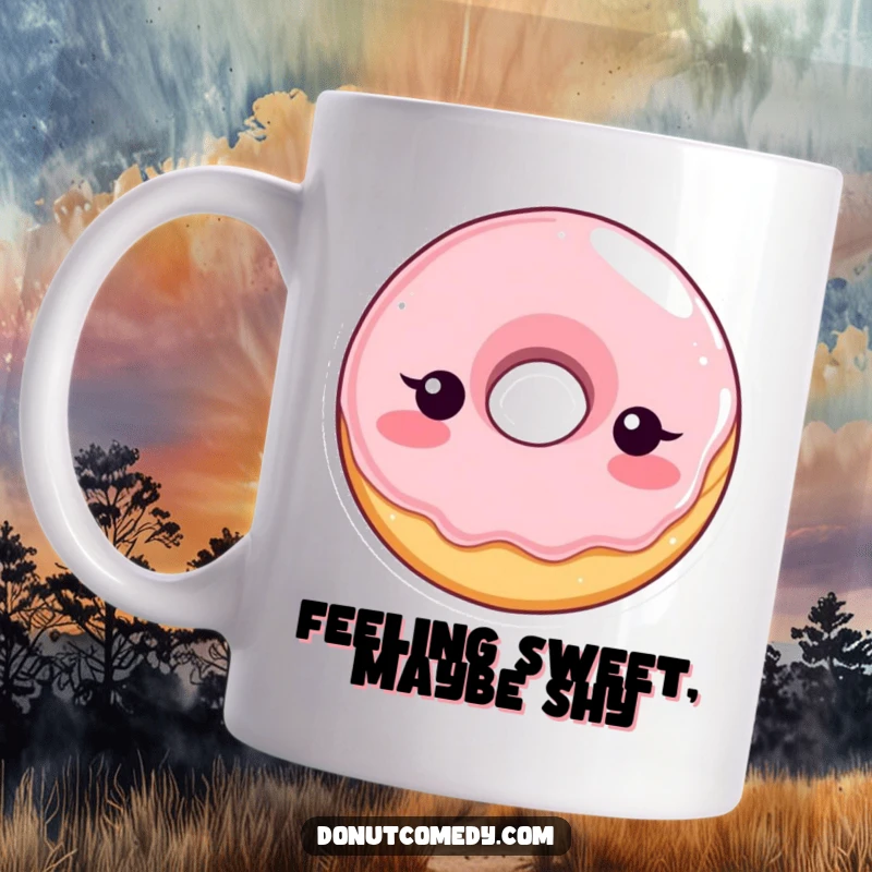 Funny mug featuring a shy, blushing glazed donut character with a bashful expression, perfect for a cute and humorous gift.