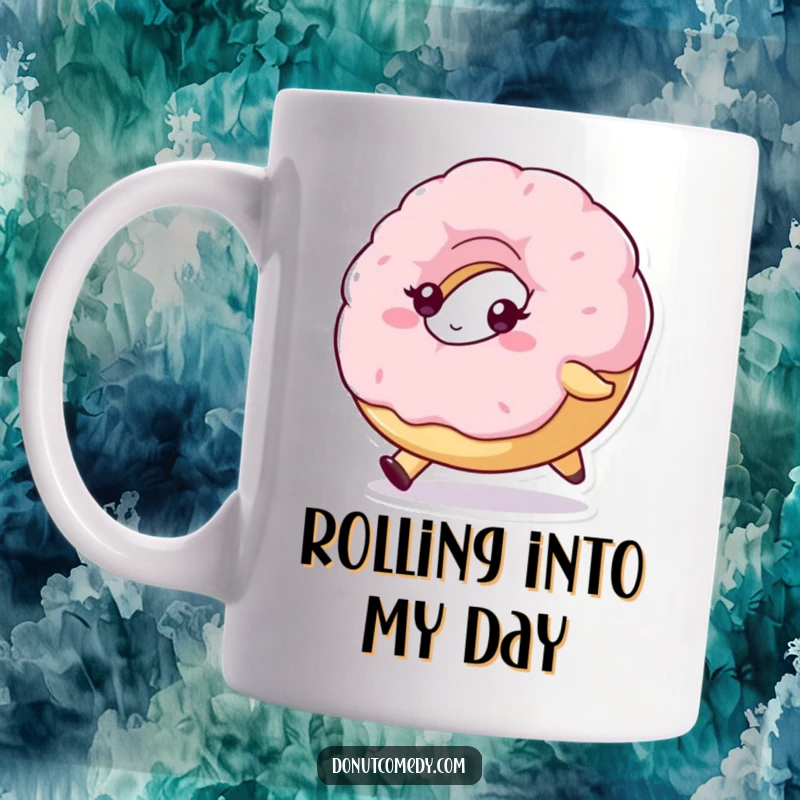 Funny mug featuring a fluffy donut character with a determined expression, rolling forward with focus and unwavering resolve.