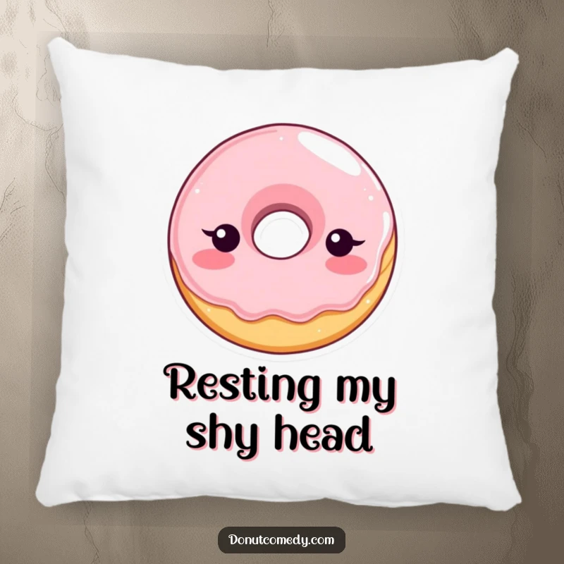 Funny decorative pillow with a shy, blushing glazed donut character, offering comfort and a touch of bashful humor for your home.