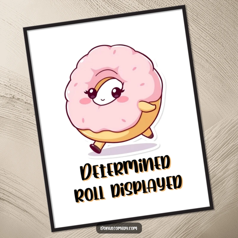 Funny digital art print of a fluffy donut character, determinedly rolling forward, ideal for instant download with motivational humor.