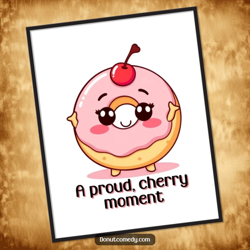 Funny digital art print of a proud donut character with a cherry on top, striking a pose, ideal for instant download with confident humor.