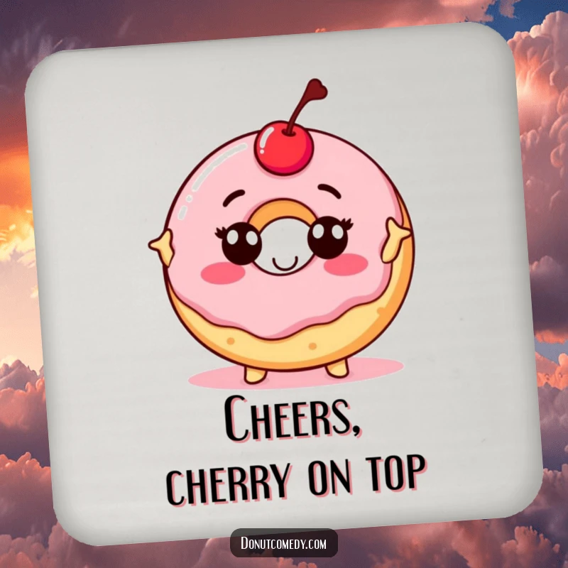 Funny drink coaster with a proud donut character, topped with a cherry, striking a pose, protecting surfaces with confident humor.