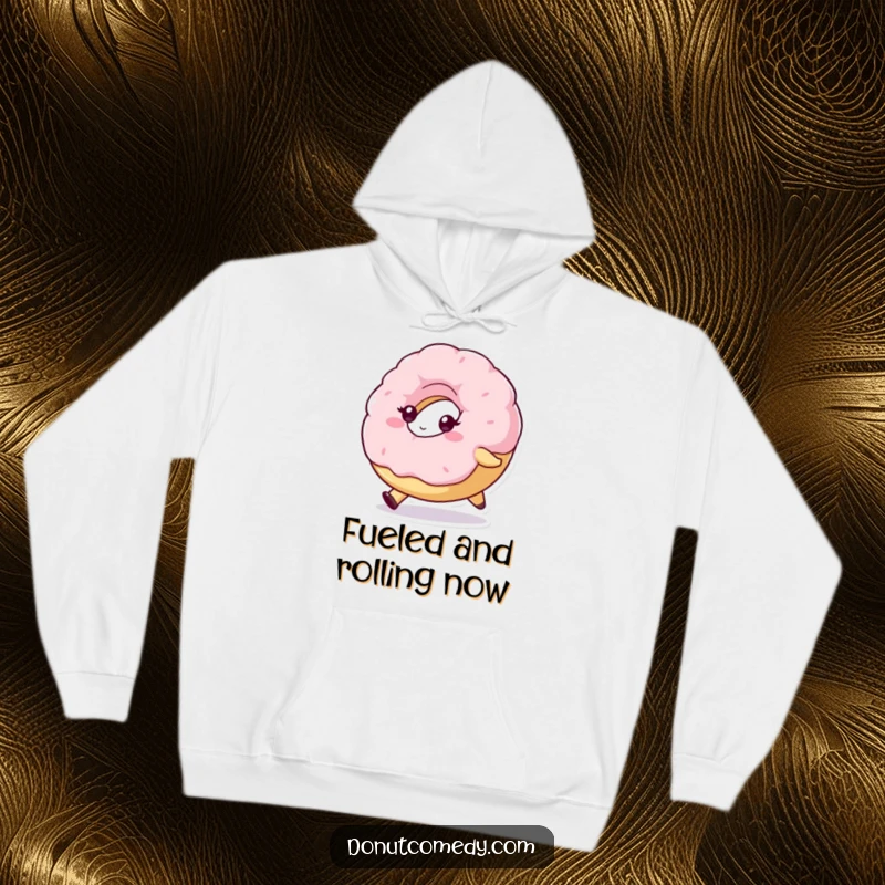 Funny hoodie with a fluffy donut character, determinedly rolling forward, combining humor, comfort, and a motivational message.