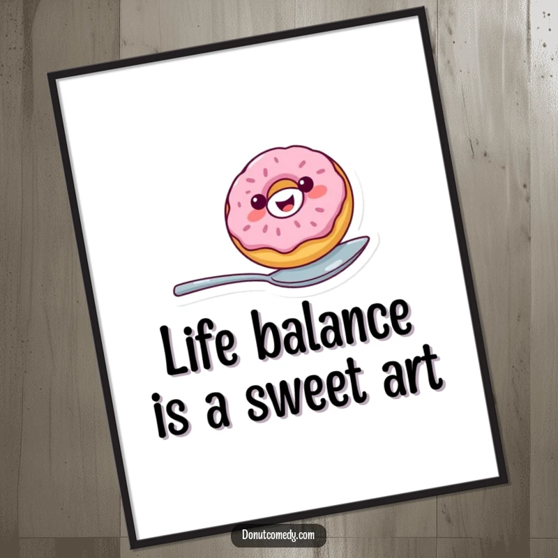 Funny free printable wall art: a cheerful donut character with a big smile, balancing skillfully on a spoon, adding whimsy.