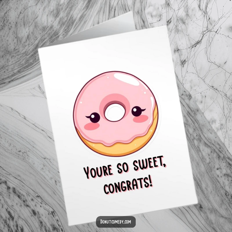 Funny free printable congratulations card: shy glazed donut character blushing, expressing heartfelt congratulations with adorable bashfulness.