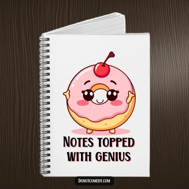 Funny notebook with a proud donut character, topped with a cherry, striking a pose, perfect for journaling with confident humor.