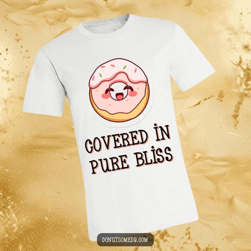 Funny t-shirt featuring a tiny cake donut character covered in frosting, giggling with pure delight, a humorous and joyful design.