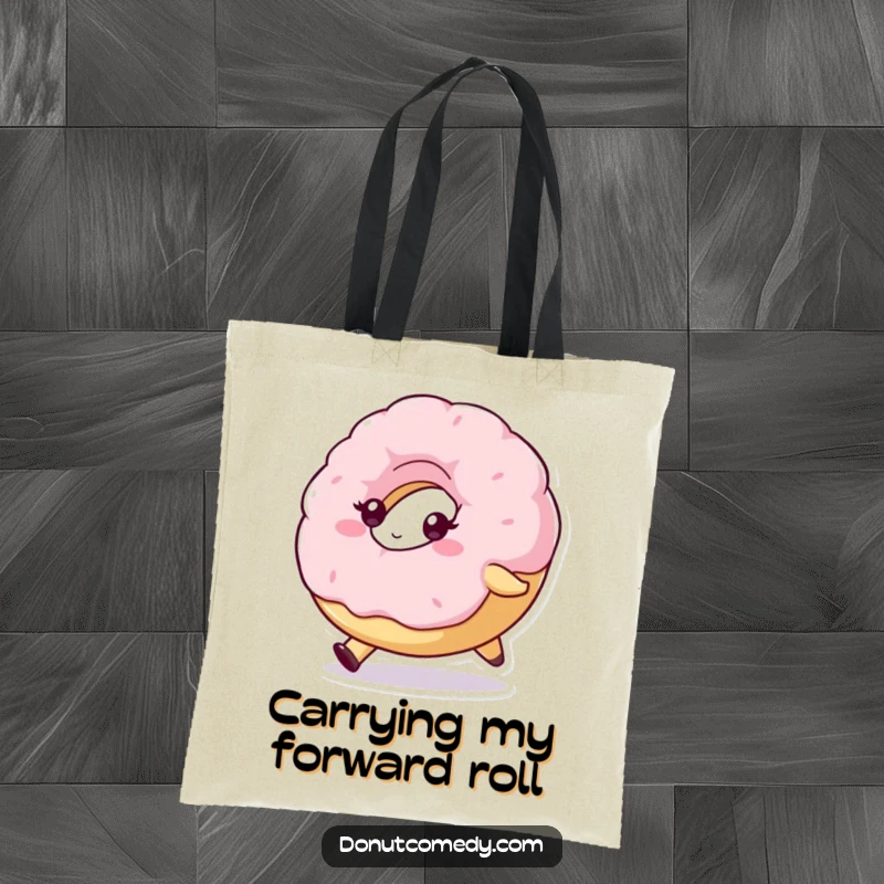 Funny tote bag featuring a fluffy donut character, determinedly rolling forward, perfect for carrying items with a dose of motivational humor.